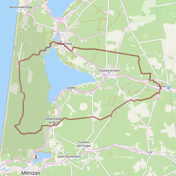 Miniatua del mapa de inspiración ciclista "Ruta de grava desde Ychoux" en Aquitaine, France. Generado por Tarmacs.app planificador de rutas ciclistas