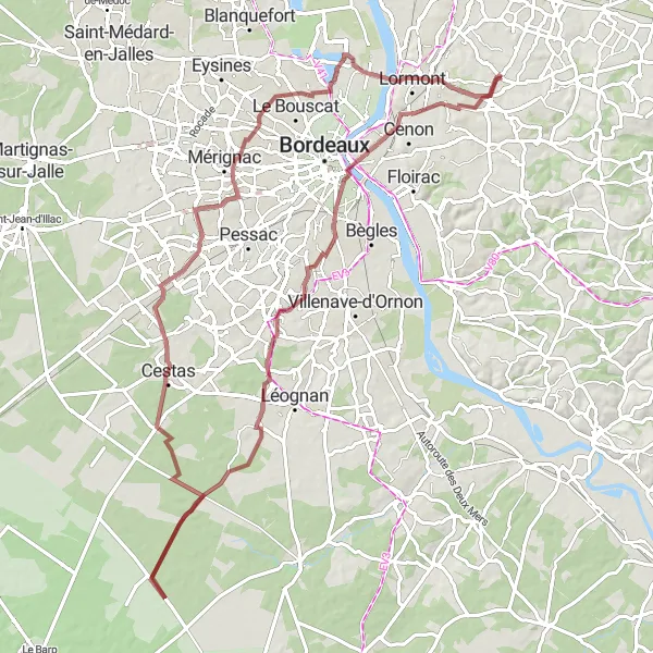 Map miniature of "Gravel Adventure from Yvrac to Artigues-près-Bordeaux" cycling inspiration in Aquitaine, France. Generated by Tarmacs.app cycling route planner