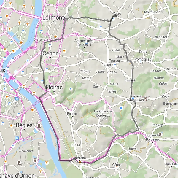 Map miniature of "Countryside Road Cycling Route from Yvrac to Floirac" cycling inspiration in Aquitaine, France. Generated by Tarmacs.app cycling route planner