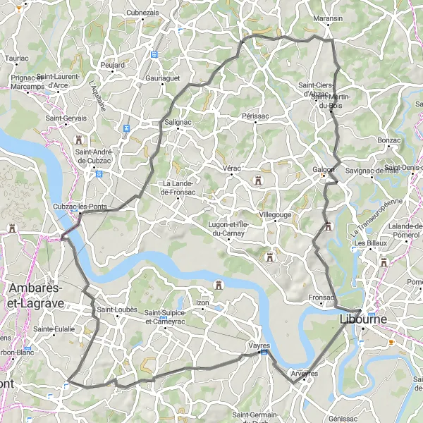 Miniatua del mapa de inspiración ciclista "Recorrido a Cubzac-les-Ponts" en Aquitaine, France. Generado por Tarmacs.app planificador de rutas ciclistas