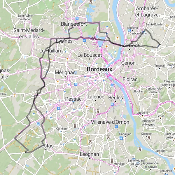 Miniature de la carte de l'inspiration cycliste "Circuit cyclotouristique au départ d'Yvrac" dans la Aquitaine, France. Générée par le planificateur d'itinéraire cycliste Tarmacs.app