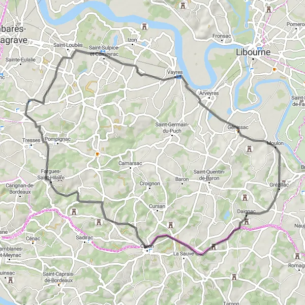 Miniatua del mapa de inspiración ciclista "Ruta de Yvrac a Fargues-Saint-Hilaire" en Aquitaine, France. Generado por Tarmacs.app planificador de rutas ciclistas