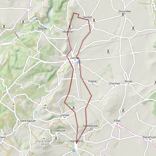 Map miniature of "Aigueperse Countryside Escape" cycling inspiration in Auvergne, France. Generated by Tarmacs.app cycling route planner