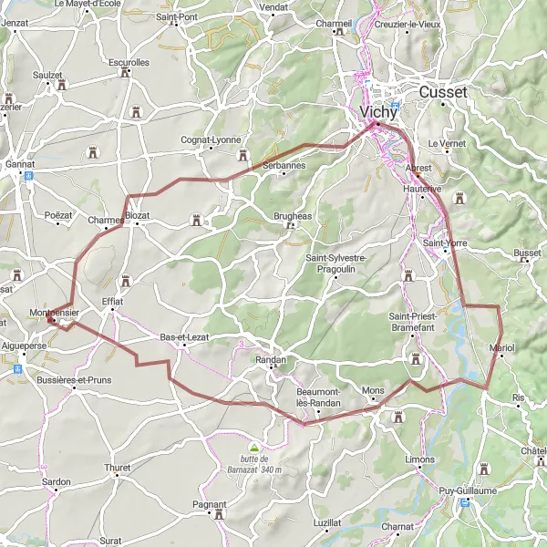 Miniature de la carte de l'inspiration cycliste "Les collines de La butée" dans la Auvergne, France. Générée par le planificateur d'itinéraire cycliste Tarmacs.app