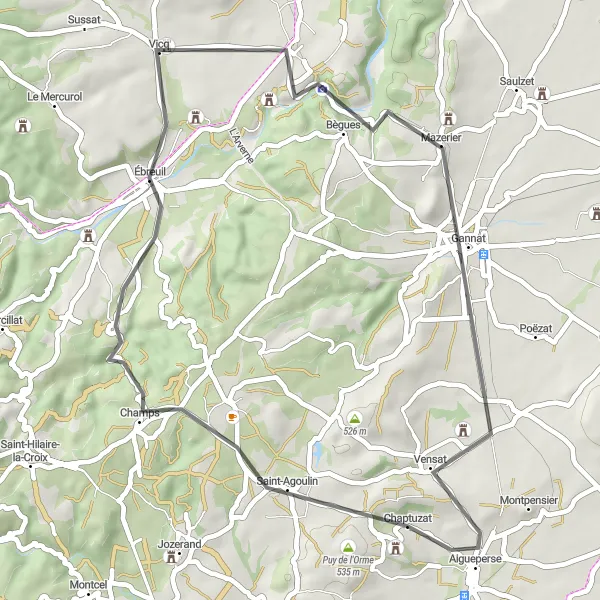 Miniature de la carte de l'inspiration cycliste "Parc Naturel Régional des Volcans d'Auvergne" dans la Auvergne, France. Générée par le planificateur d'itinéraire cycliste Tarmacs.app
