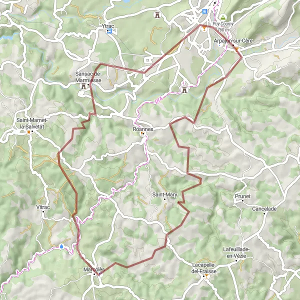 Map miniature of "Gravel Adventure: Arpajon-sur-Cère Loop" cycling inspiration in Auvergne, France. Generated by Tarmacs.app cycling route planner