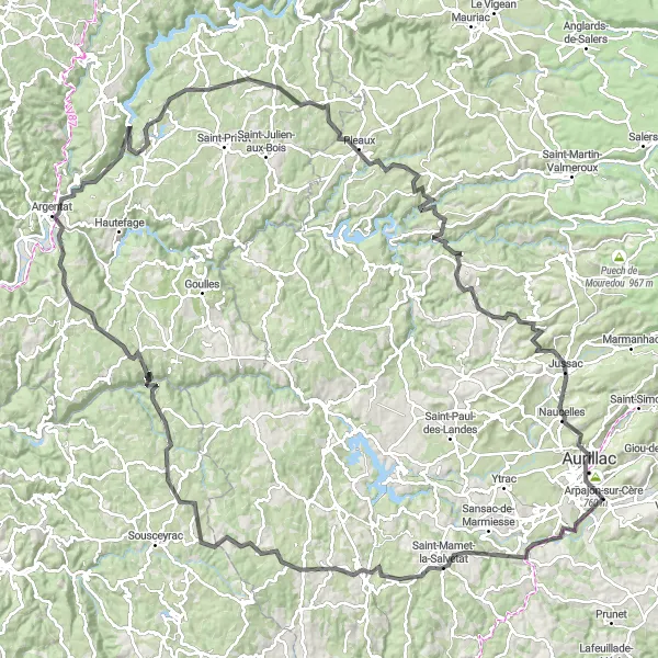 Map miniature of "Grand Tour of Cantalès" cycling inspiration in Auvergne, France. Generated by Tarmacs.app cycling route planner