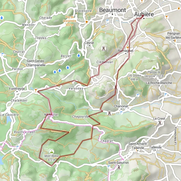 Map miniature of "The Gravel Explorer" cycling inspiration in Auvergne, France. Generated by Tarmacs.app cycling route planner