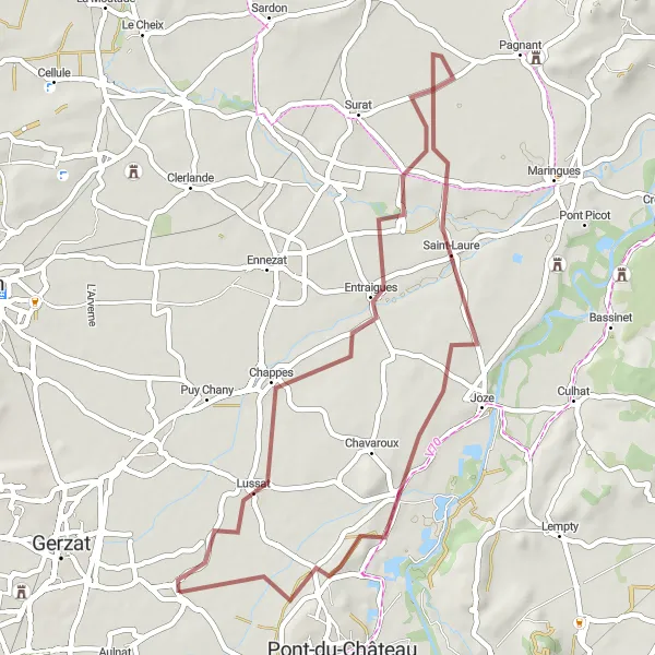 Map miniature of "Les Martres-d'Artière Loop" cycling inspiration in Auvergne, France. Generated by Tarmacs.app cycling route planner