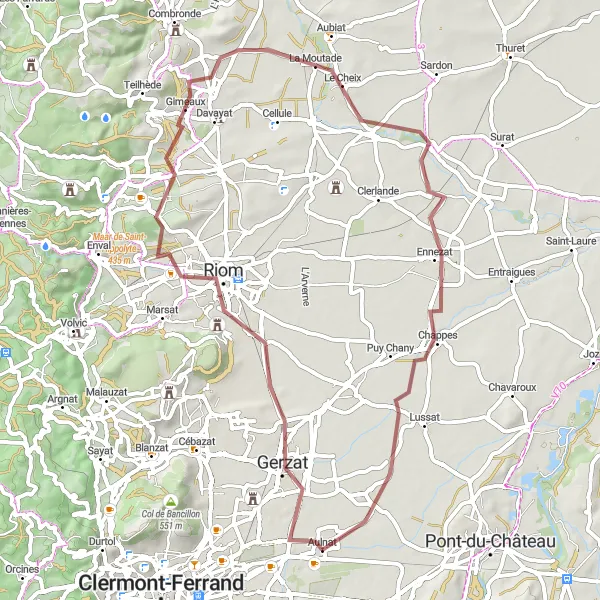 Map miniature of "Gravel Ride from Aulnat to Malintrat" cycling inspiration in Auvergne, France. Generated by Tarmacs.app cycling route planner