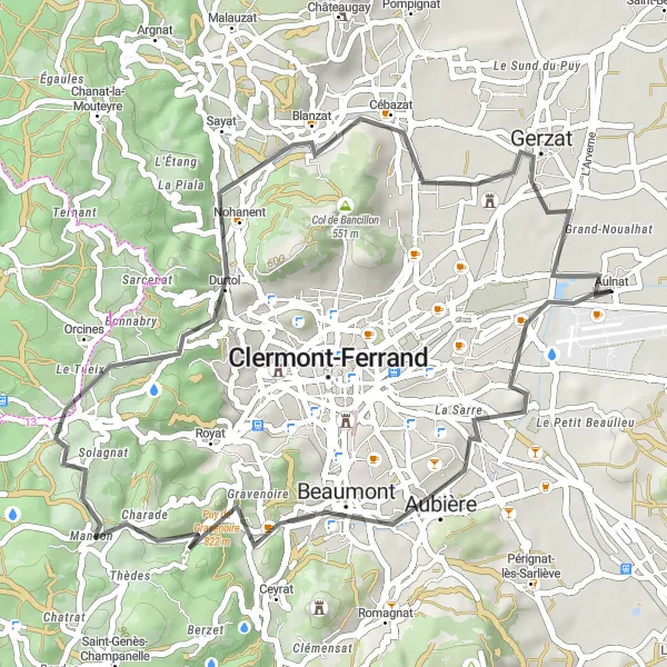 Miniature de la carte de l'inspiration cycliste "Tour des Volcans et Buttes" dans la Auvergne, France. Générée par le planificateur d'itinéraire cycliste Tarmacs.app