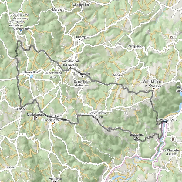 Map miniature of "Aurec-sur-Loire Loop" cycling inspiration in Auvergne, France. Generated by Tarmacs.app cycling route planner