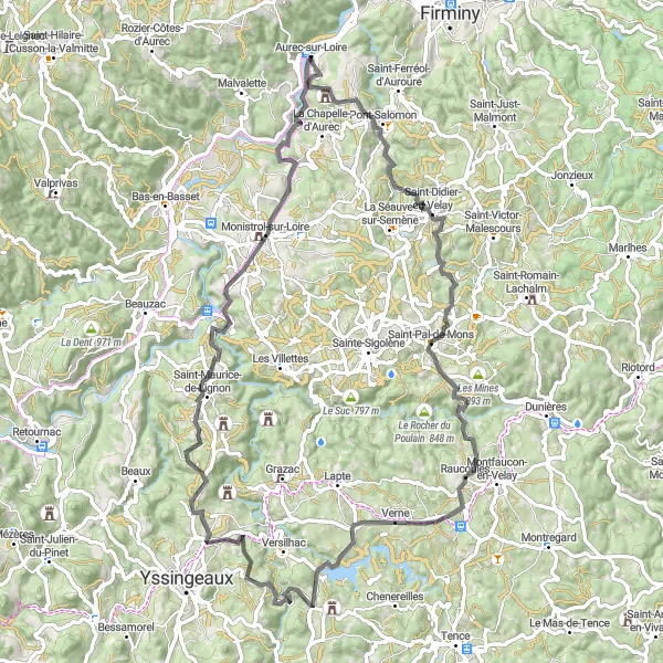 Map miniature of "The Velay Adventure" cycling inspiration in Auvergne, France. Generated by Tarmacs.app cycling route planner