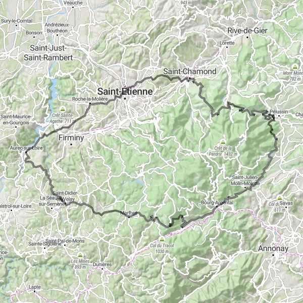 Miniature de la carte de l'inspiration cycliste "Tour panoramique de Roche-la-Molière" dans la Auvergne, France. Générée par le planificateur d'itinéraire cycliste Tarmacs.app