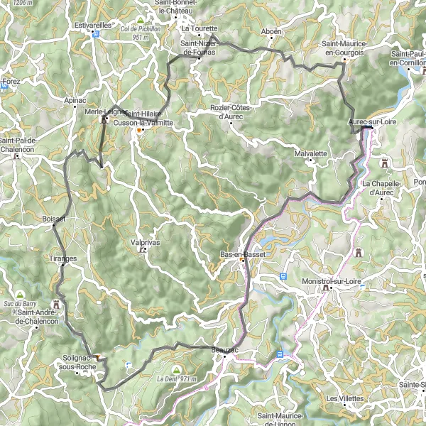 Map miniature of "The Beauzac Loop" cycling inspiration in Auvergne, France. Generated by Tarmacs.app cycling route planner