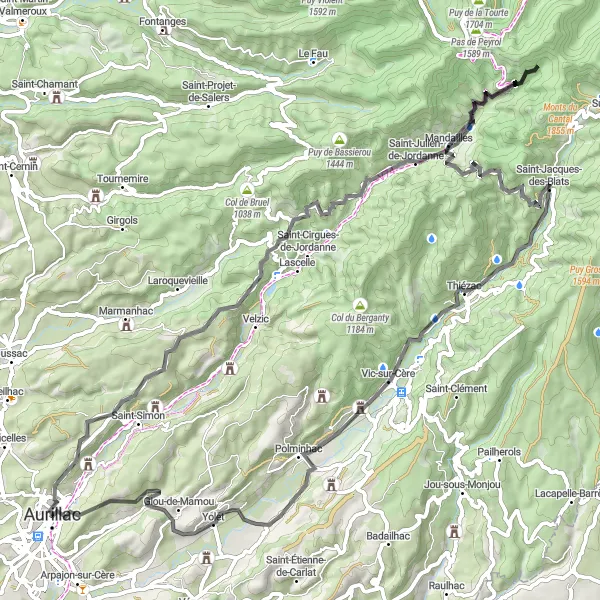 Miniature de la carte de l'inspiration cycliste "Les Sommets et les Cascades" dans la Auvergne, France. Générée par le planificateur d'itinéraire cycliste Tarmacs.app