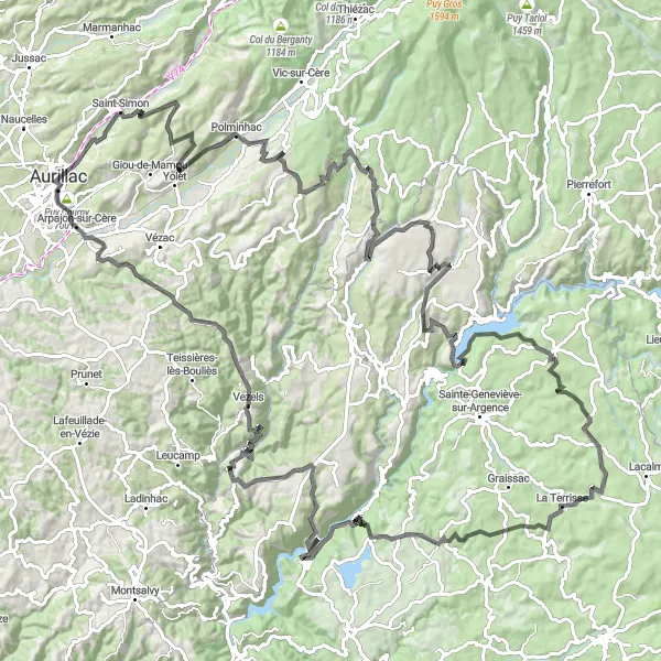 Miniature de la carte de l'inspiration cycliste "Les Barrages et les Sommets" dans la Auvergne, France. Générée par le planificateur d'itinéraire cycliste Tarmacs.app