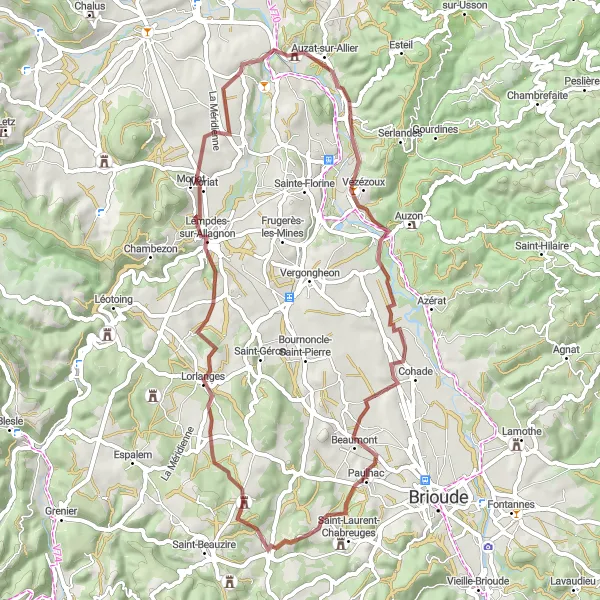 Miniature de la carte de l'inspiration cycliste "Boucle tranquille en gravel" dans la Auvergne, France. Générée par le planificateur d'itinéraire cycliste Tarmacs.app