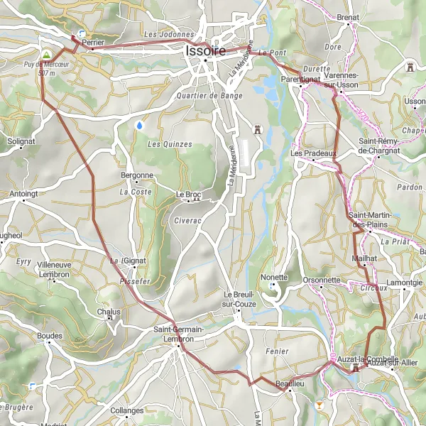 Map miniature of "Auzat-la-Combelle Gravel Adventure" cycling inspiration in Auvergne, France. Generated by Tarmacs.app cycling route planner