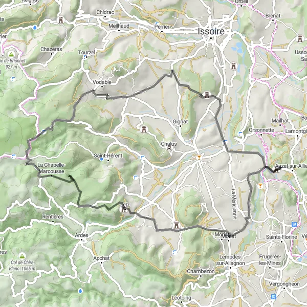 Map miniature of "Auzat-la-Combelle to Le Breuil-sur-Couze Loop" cycling inspiration in Auvergne, France. Generated by Tarmacs.app cycling route planner