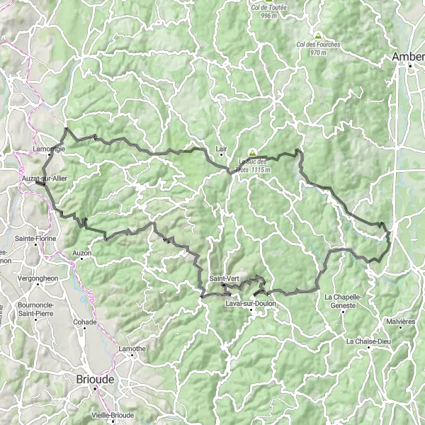 Map miniature of "Auzat-la-Combelle to Saint-Alyre-d'Arlanc Road Cycling Route" cycling inspiration in Auvergne, France. Generated by Tarmacs.app cycling route planner