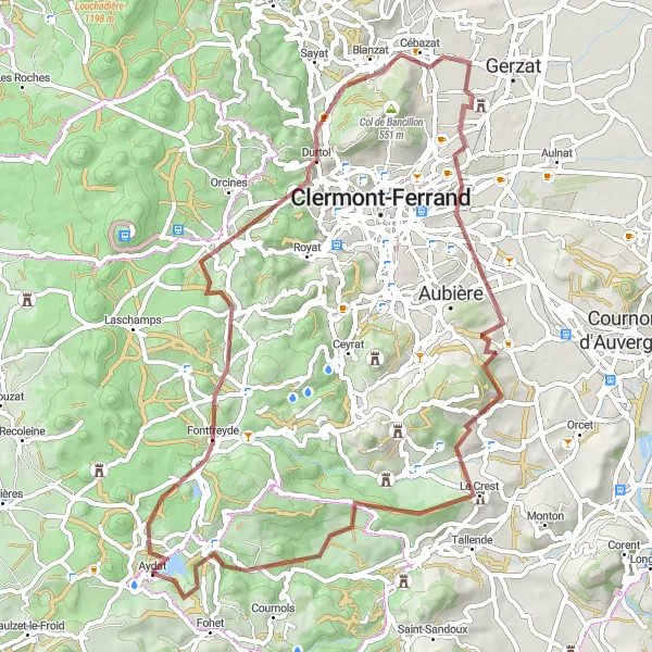 Map miniature of "Gravel Adventure: Aydat and Beyond" cycling inspiration in Auvergne, France. Generated by Tarmacs.app cycling route planner