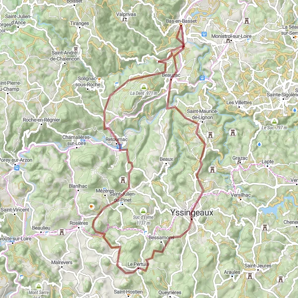 Map miniature of "Gravel Adventure to La Roche" cycling inspiration in Auvergne, France. Generated by Tarmacs.app cycling route planner