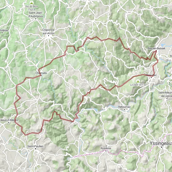 Map miniature of "Exploring Bas-en-Basset and Surroundings" cycling inspiration in Auvergne, France. Generated by Tarmacs.app cycling route planner