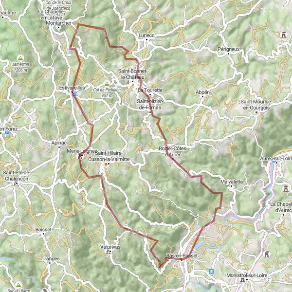 Map miniature of "Scenic Adventure to Saint-Bonnet-le-Château" cycling inspiration in Auvergne, France. Generated by Tarmacs.app cycling route planner