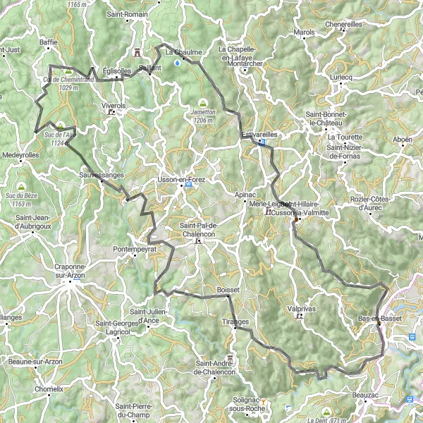 Map miniature of "Chemintrand Challenge" cycling inspiration in Auvergne, France. Generated by Tarmacs.app cycling route planner