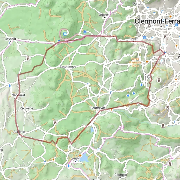 Map miniature of "Exploring Scenic Gravel Paths" cycling inspiration in Auvergne, France. Generated by Tarmacs.app cycling route planner