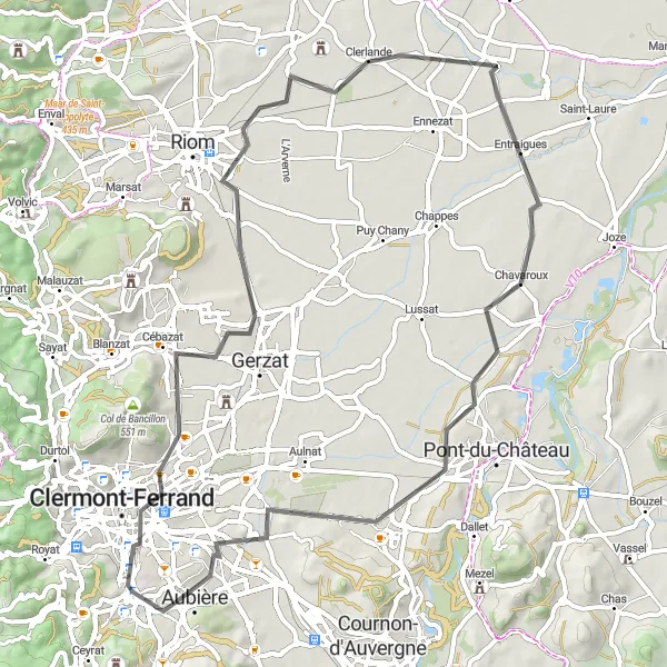 Map miniature of "Charming Clermont-Ferrand" cycling inspiration in Auvergne, France. Generated by Tarmacs.app cycling route planner