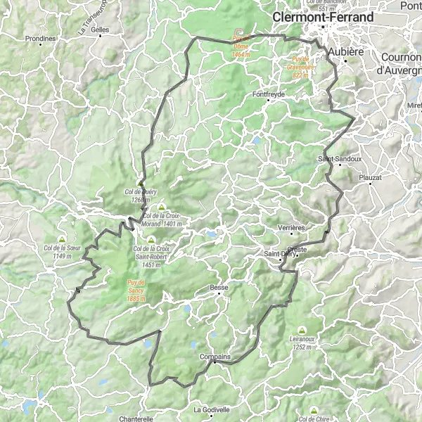 Map miniature of "Challenging Road Cycling Tour of South Auvergne" cycling inspiration in Auvergne, France. Generated by Tarmacs.app cycling route planner