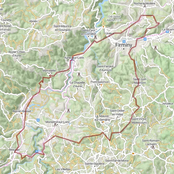 Map miniature of "Gravel Adventure to Malvalette" cycling inspiration in Auvergne, France. Generated by Tarmacs.app cycling route planner