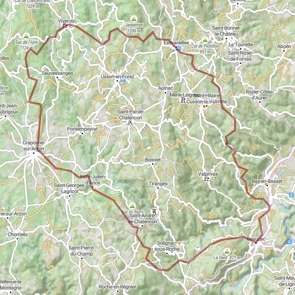 Map miniature of "Gravel Adventure to Estivareilles" cycling inspiration in Auvergne, France. Generated by Tarmacs.app cycling route planner