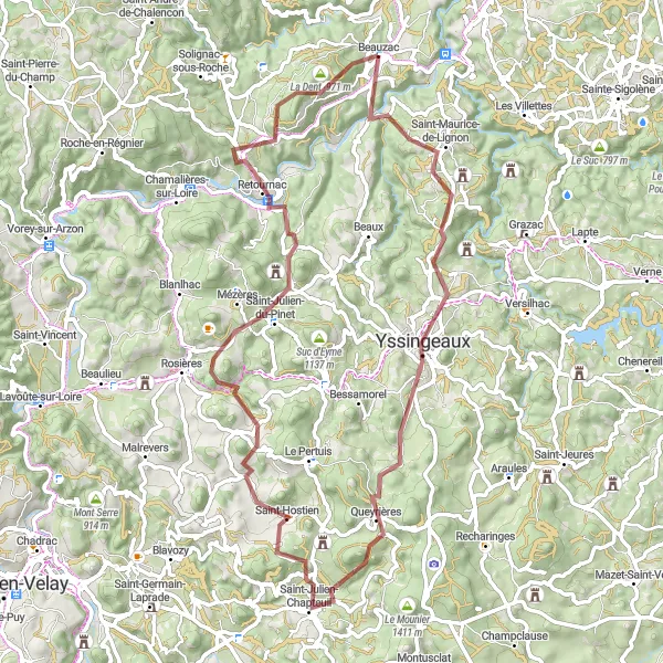 Miniature de la carte de l'inspiration cycliste "Parcours nature à travers la Haute-Loire" dans la Auvergne, France. Générée par le planificateur d'itinéraire cycliste Tarmacs.app