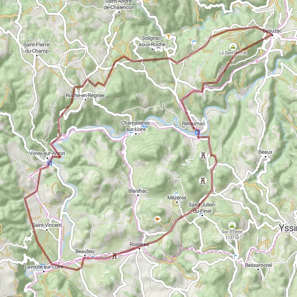 Map miniature of "Gravel Journey through Retournac" cycling inspiration in Auvergne, France. Generated by Tarmacs.app cycling route planner