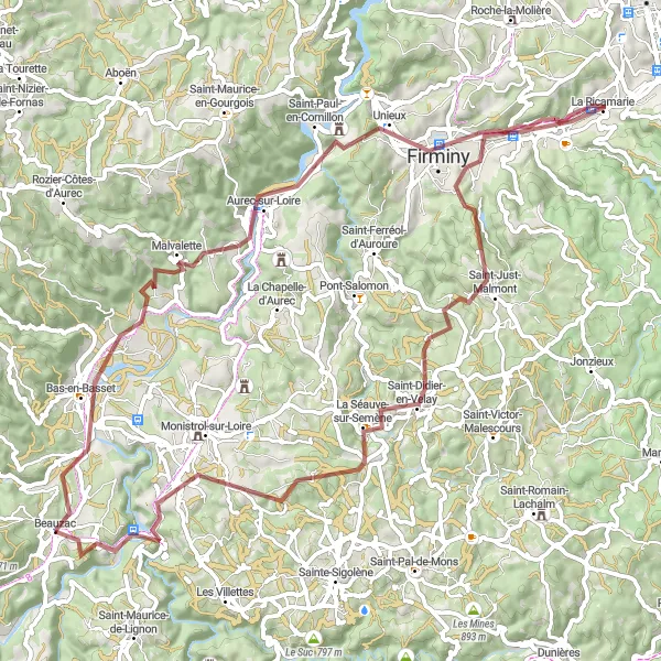Miniature de la carte de l'inspiration cycliste "Boucle pittoresque des montagnes de la Haute-Loire" dans la Auvergne, France. Générée par le planificateur d'itinéraire cycliste Tarmacs.app