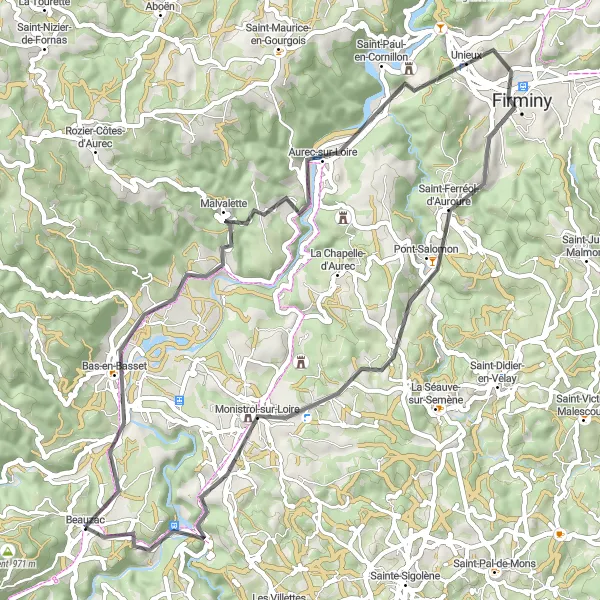 Miniature de la carte de l'inspiration cycliste "Les Collines de la Haute-Loire" dans la Auvergne, France. Générée par le planificateur d'itinéraire cycliste Tarmacs.app