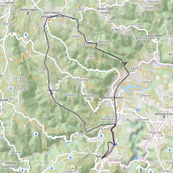 Map miniature of "Scenic Road Ride to Bas-en-Basset" cycling inspiration in Auvergne, France. Generated by Tarmacs.app cycling route planner