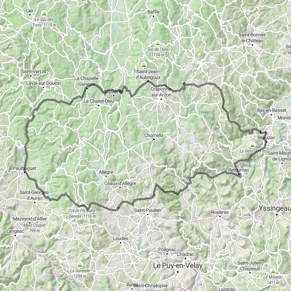 Map miniature of "Road Cycling Adventure to Chavaniac-Lafayette" cycling inspiration in Auvergne, France. Generated by Tarmacs.app cycling route planner