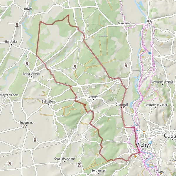 Map miniature of "Gravel Adventure through Scenic Countryside" cycling inspiration in Auvergne, France. Generated by Tarmacs.app cycling route planner