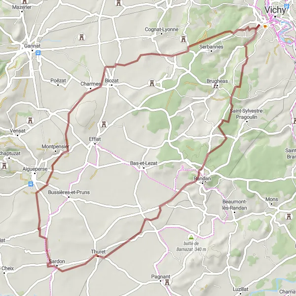 Map miniature of "Thrilling Gravel Ride to Discover Hidden Gems" cycling inspiration in Auvergne, France. Generated by Tarmacs.app cycling route planner