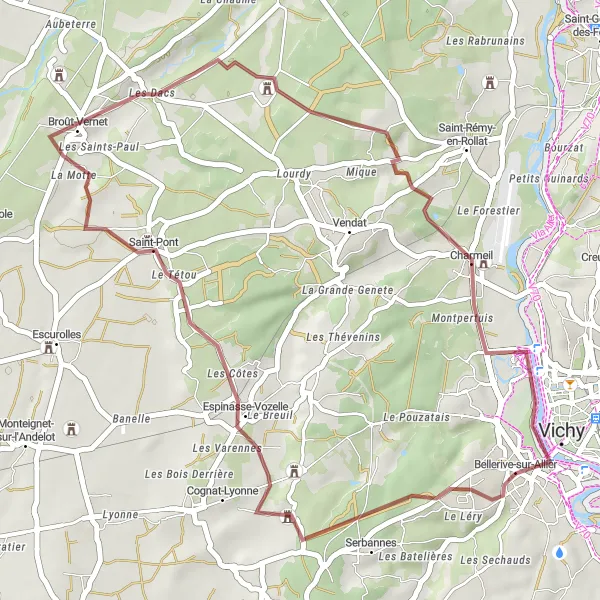 Map miniature of "Châteaux and Villages" cycling inspiration in Auvergne, France. Generated by Tarmacs.app cycling route planner