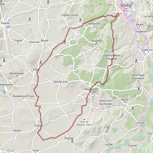 Map miniature of "Gorges and Forests Gravel Ride" cycling inspiration in Auvergne, France. Generated by Tarmacs.app cycling route planner