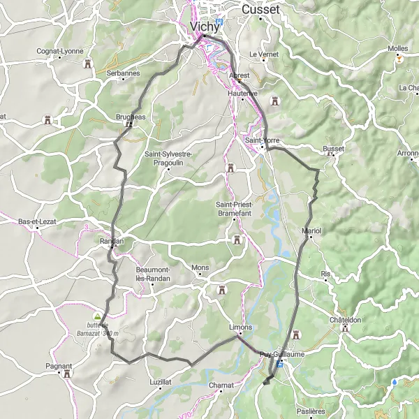 Map miniature of "Allier River Loop" cycling inspiration in Auvergne, France. Generated by Tarmacs.app cycling route planner