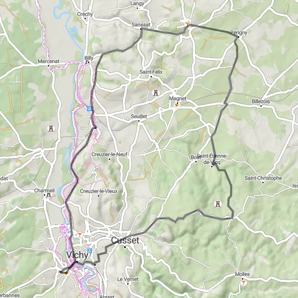 Map miniature of "Leisurely Ride to Explore the Surrounding Villages" cycling inspiration in Auvergne, France. Generated by Tarmacs.app cycling route planner