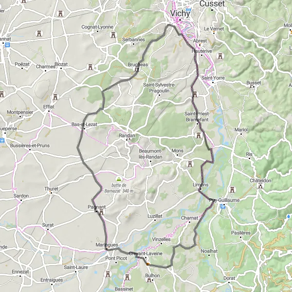 Map miniature of "Scenic Road Cycling Tour with Cultural Highlights" cycling inspiration in Auvergne, France. Generated by Tarmacs.app cycling route planner