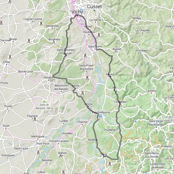 Map miniature of "Challenging Road Cycling Expedition with Stunning Landscapes" cycling inspiration in Auvergne, France. Generated by Tarmacs.app cycling route planner