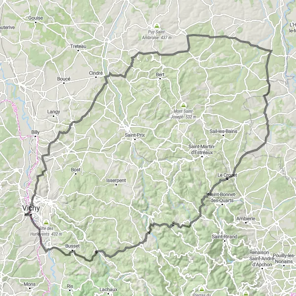 Map miniature of "Cliffs and Plateaus Road Ride" cycling inspiration in Auvergne, France. Generated by Tarmacs.app cycling route planner